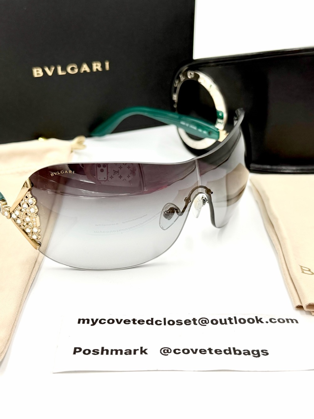 Bvlgari Gradient Gray and Turquoise Shield Sunglasses Full Set 6061-B